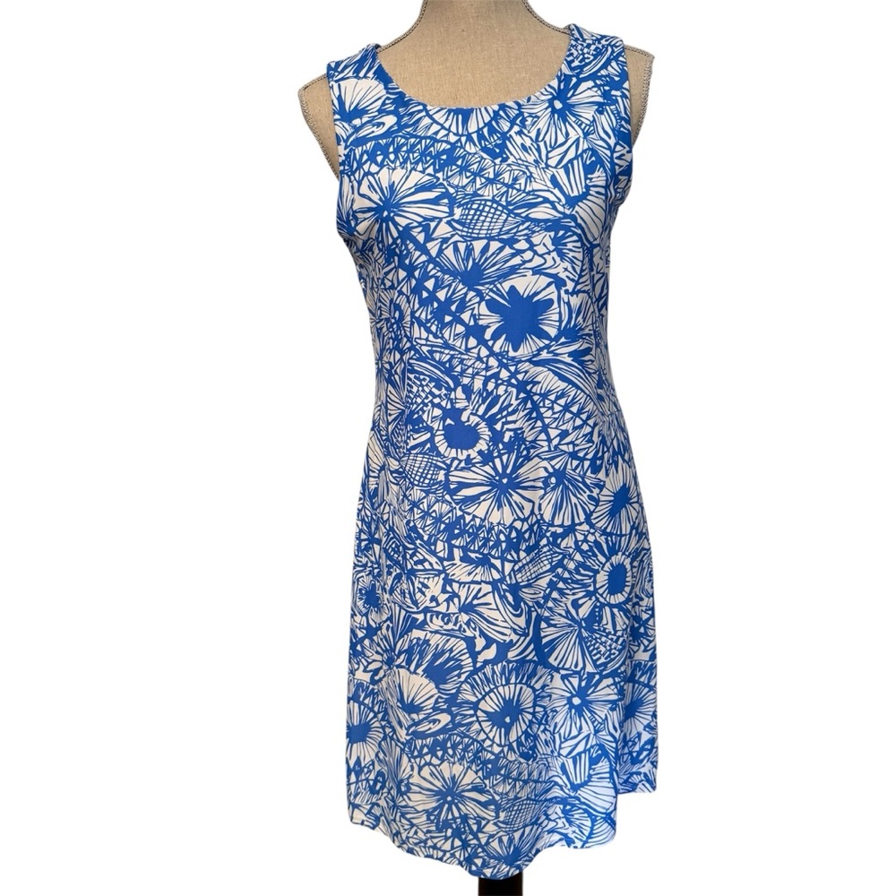 JUDE CONNALLY DRESS SLEEVELESS BLUE WHITE FLORAL SHIFT ROUND NECK Size M USA